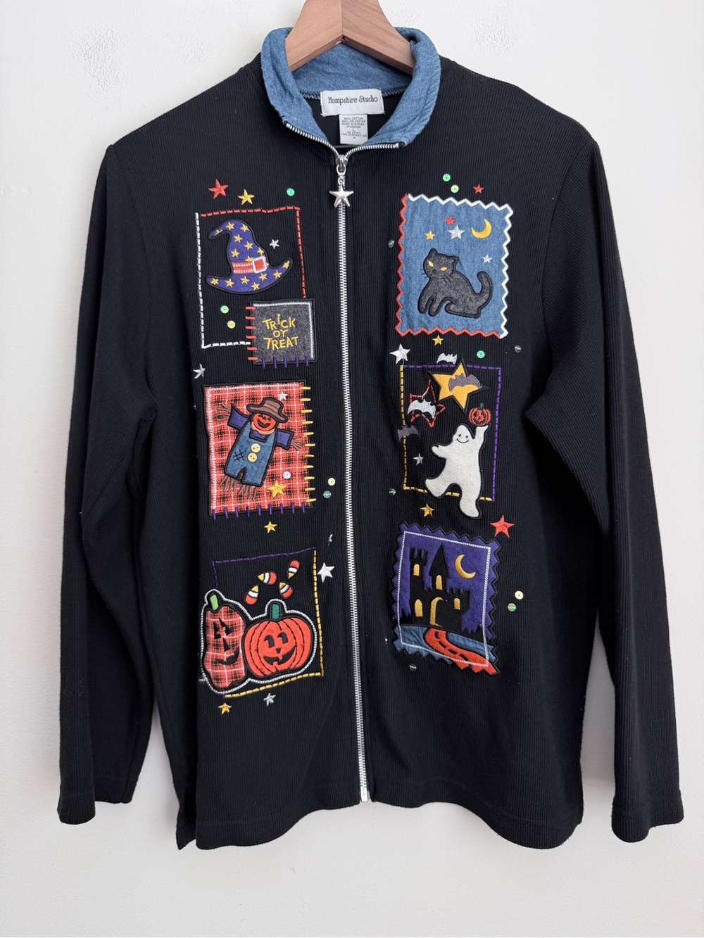 Hampshire Studio Vintage Halloween Cardigan Sweater Full Zip patchwork Women’s L
